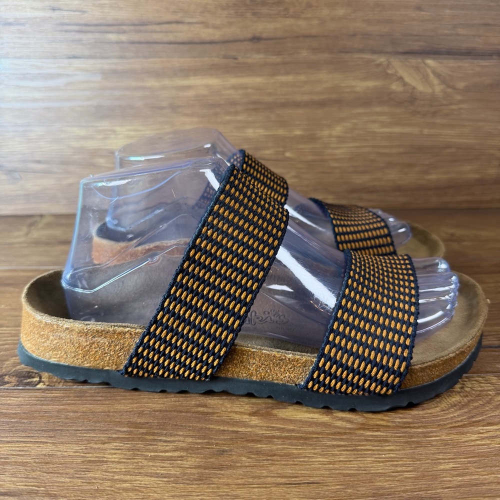Birkenstock Two-Strap Woven Black and Orange Slide Sandals